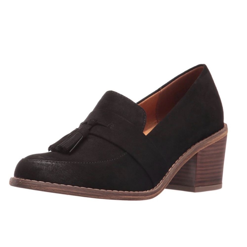 BC Footwear Black Suede Tassel Block Heel Academia Penny Loafer Heeled Shoes 7